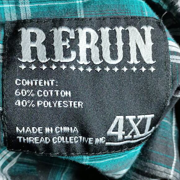 Rerun Men's 4xl Turquoise Green/ Black Plaid Pearl Snap Western Cowboy Shirt - Picture 3 of 3